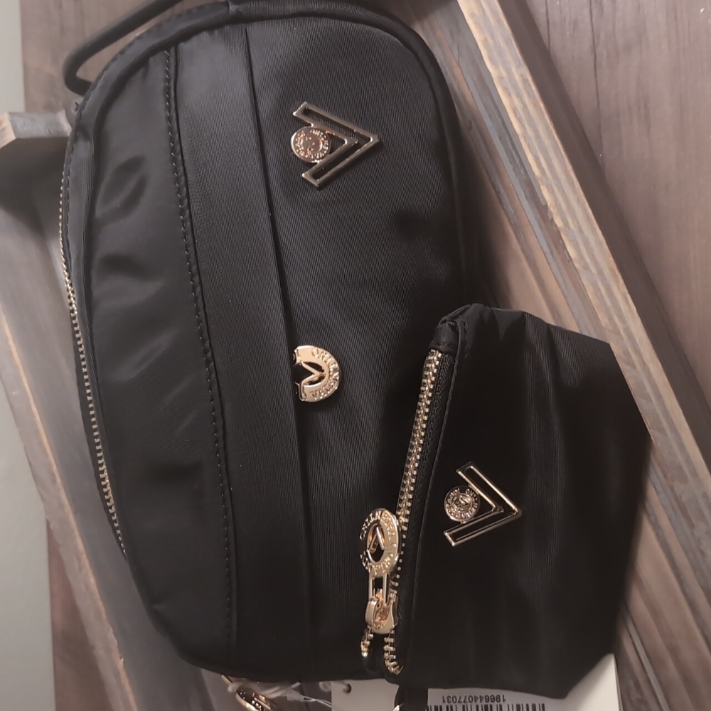 Women's Black Nylon Crossbody Bag with Gold Accents (2 pc)